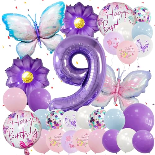 DOWNDRIFT Schmetterling Deko Geburtstag Mädchen 9 Jahre 32 Stück Geburtstagsdeko Mädchen Luftballon Schmetterling Geburtstag Deko Folienballon 9 Lila Geburtstags Party Dekoration Ballons für Kinder von DOWNDRIFT