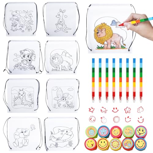 DOWNDRIFT 8 Färbbare Beutel mit Kordelzug für Kinder mit 8 Stapelbare Wachsmalstifte (8 Farben in 1),Stoffbeutel zum Bemalen Kindergeburtstag,Bastelset und Mitgebsel Kindergeburtstag von DOWNDRIFT