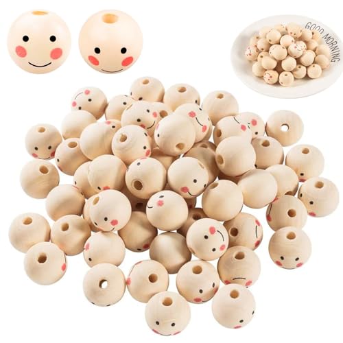 DOYUKY 60 Stück Holzperlen mit Gesicht, 20mm Smile Face Holzperlen, Holzperlen Rund mit Loch, Natur Holzperlen Set, für für Weihnachten, DIY-Armband, Halskette, Handgefertigtes Kunsthandwerk von DOYUKY