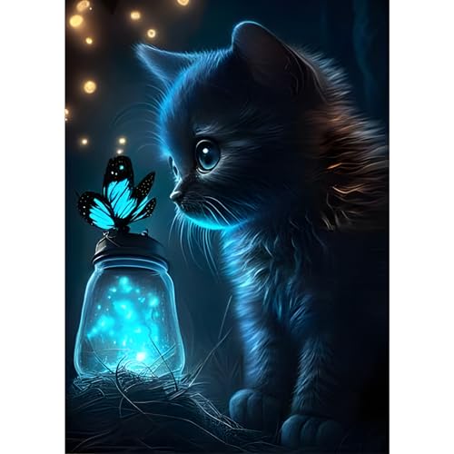DPHERO 5D Diamond Painting Katze Bilder Erwachsene - Kätzchen Schmetterling Diamant Malerei Kinder DIY Cross Stickerei Kits - Wand Dekor 30x40cm von DPHERO