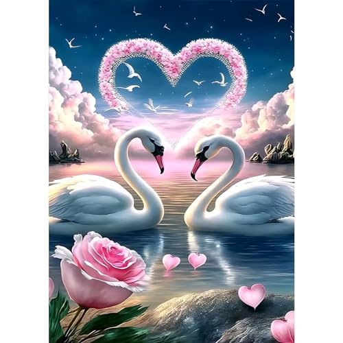 DPHERO 5D Diamond Painting Weißer Schwan Diamant Painting Bilder Herz Blumen Diamond Kunst Erwachsene Liebe Diamond Painting DIY Diamant Bilder Kinder Cross Stickerei Malerei Kits Wand Dekor 30x40cm von DPHERO