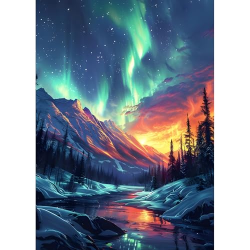 DPHERO DIY Aurora Borealis Diamant Painting Bilder für Erwachsene Anfänger,5D Verschneiter Berg Diamond Painting Set,DIY Wald Runde Steine Diamant Kunst Kits, Diamant Art für Zuhause Dekor 30x40 cm von DPHERO
