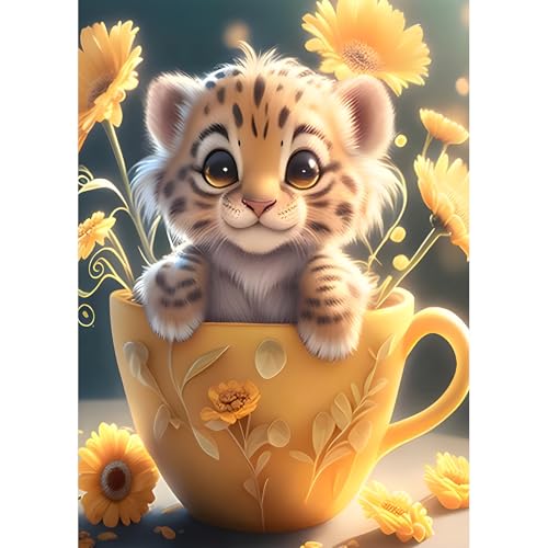 DPHERO DIY Baby Tiger Diamant Painting Bilder für Erwachsene Anfänger,5D Tasse Diamond Painting Set,DIY Runde Steine Blumen Diamant Kunst Kits,Fantasie Diamant Painting für Zuhause Dekor 30x40 cm von DPHERO