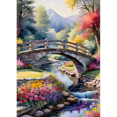 DPHERO DIY Brücke Diamant Painting Bilder für Erwachsene Anfänger,5D Fluss Strom Diamond Painting Set,DIY Blumen Runde Steine Diamant Kunst Kits, Diamant Art für Zuhause Dekor 30x40 cm von DPHERO