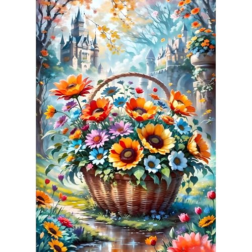 DPHERO DIY Bunte Blumen Diamant Painting Bilder für Erwachsene Anfänger,5D Blumenkorb Diamond Painting Set,DIY Schloss Runde Steine Diamant Kunst Kits, Diamant Art für Zuhause Dekor 30x40 cm von DPHERO