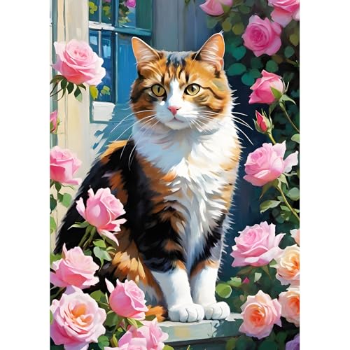 DPHERO DIY Calico-Katze Diamant Painting Kits Bilder für Erwachsene Anfänger,5D Garten Diamond Painting Set,DIY Runde Steine Rosenblüten Diamant Kunst Kits, Diamond Art für Zuhause Dekor 30x40 cm von DPHERO
