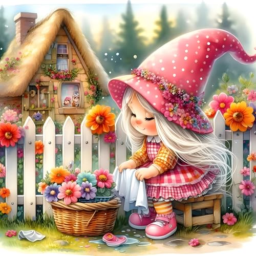 DPHERO DIY Elfenmädchen Diamant Painting Bilder für Erwachsene Anfänger,5D Blumen Diamond Painting Set,DIY Häuschen Runde Steine Diamant Kunst Kits, Cartoon Diamant Art für Zuhause Dekor 30x30 cm von DPHERO
