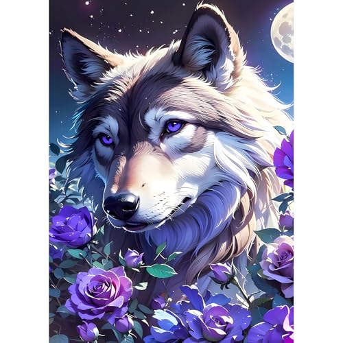DPHERO DIY Fantasie Wölfe Diamant Painting Kits Bilder für Erwachsene Anfänger,5D Mond Diamond Painting Set,DIY Lila Blumen Runde Steine Diamant Kunst Kits, Diamant Art für Zuhause Dekor 30x40 cm von DPHERO