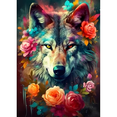 DPHERO DIY Fantasie Wolf Diamant Painting Bilder für Erwachsene Anfänger,5D Bunte Blumen Diamond Painting Set,DIY Wolf Runde Steine Diamant Kunst Kits, Diamant Art für Zuhause Dekor 30x40 cm von DPHERO