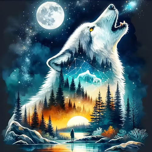 DPHERO DIY Fantasie Wolf Diamant Painting Kits Bilder für Erwachsene Anfänger,5D Wald Diamond Painting Set,DIY Runde Steine Mondnacht Diamant Kunst Kits, Diamant Art für Zuhause Dekor 30x30 cm von DPHERO