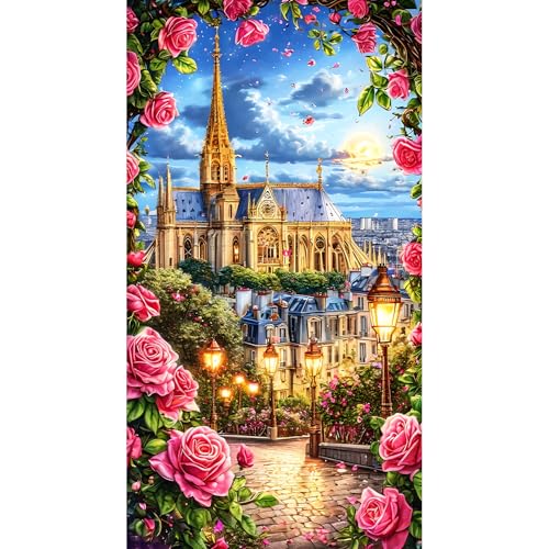DPHERO DIY Großformat Diamant Painting Kits Bilder für Erwachsene Anfänger,5D Kirche Schloss Diamond Painting Set,DIY Runde Steine Rosenblüten Diamant Kunst Kits, Diamond Art für Zuhause Dekor 40x70cm von DPHERO