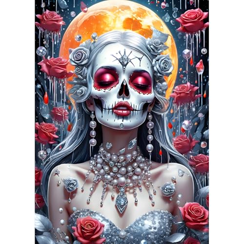 DPHERO DIY Gruseliges Mädchen Diamant Painting Kits Bilder für Erwachsene Anfänger,5D Hexe Diamond Painting Set,DIY Runde Steine Mond Blumen Diamant Kunst Kits, Diamant Art für Zuhause Dekor 30x40 cm von DPHERO