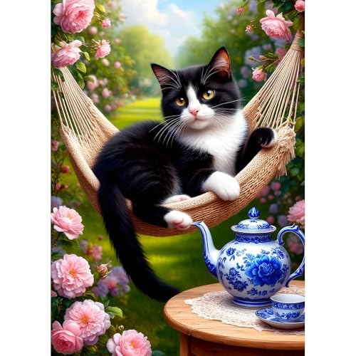DPHERO DIY Hängematte Katze Diamant Painting Kits Bilder für Erwachsene Anfänger,5D Garten Diamond Painting Set,DIY Runde Steine Teekanne Diamant Kunst Kits, Diamant Art für Zuhause Dekor 30x40 cm von DPHERO
