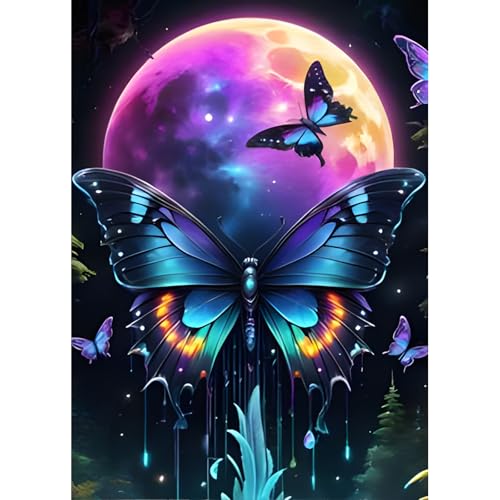DPHERO DIY Heller Mond Diamant Painting Bilder für Erwachsene Anfänger,5D Schmetterling Diamond Painting Set,DIY Traumland Runde Steine Diamant Kunst Kits, Diamant Painting für Zuhause Dekor 30x40 cm von DPHERO