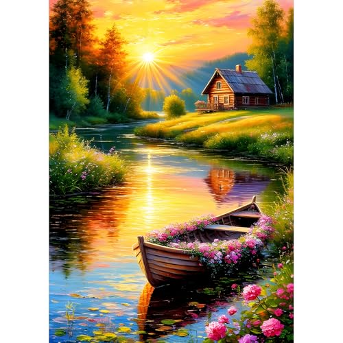 DPHERO DIY Hütte Diamant Painting Kits Bilder für Erwachsene Anfänger,5D Boot Diamond Painting Set,DIY Runde Steine Sonnenuntergang Spiegelung Diamant Kunst Kits, Diamant Art für Zuhause Dekor 30x40cm von DPHERO