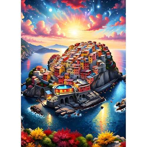 DPHERO DIY Insel Diamant Painting Bilder für Erwachsene Anfänger,5D Fischerdorf Diamond Painting Set,DIY Sonnenuntergang Runde Steine Diamant Kunst Kits, Diamant Art für Zuhause Dekor 30x40 cm von DPHERO