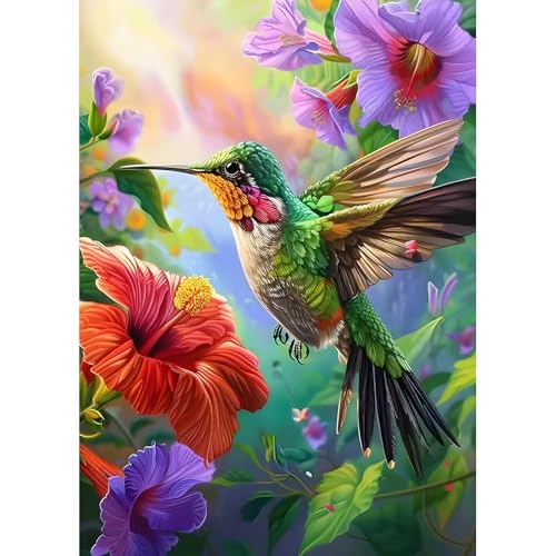 DPHERO DIY Kolibri Diamant Painting Bilder für Erwachsene Anfänger,5D Bunte Blumen Diamond Painting Set,DIY Vogel Runde Steine Diamant Kunst Kits, Diamant Art für Zuhause Dekor 30x40 cm von DPHERO