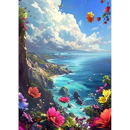 DPHERO DIY Küstenlinie Diamant Painting Bilder für Erwachsene Anfänger,5D Meereslandschaft Diamond Painting Set,DIY Blumen Runde Steine Diamant Kunst Kits, Diamant Art für Zuhause Dekor 30x40 cm von DPHERO
