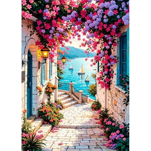 DPHERO DIY Landschaft Diamant Painting Kits Bilder für Erwachsene Anfänger,5D Bunte Blumen Diamond Painting Set,DIY Runde Steine Meer Straße Diamant Kunst Kits, Diamond Art für Zuhause Dekor 30x40 cm von DPHERO