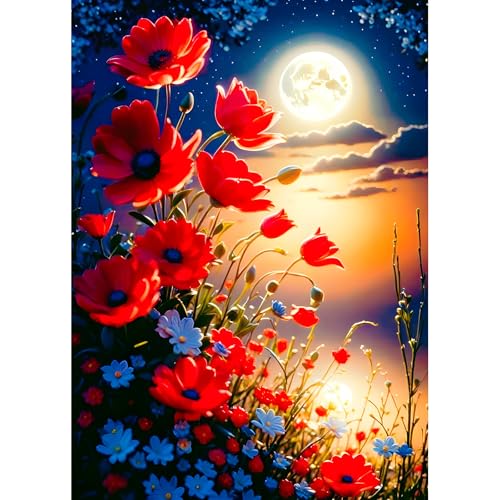 DPHERO DIY Mondschein Diamant Painting Kits Bilder für Erwachsene Anfänger,5D Rote Blumen Diamond Painting Set,DIY Runde Steine Mohn Diamant Kunst Kits, Diamant Art für Zuhause Dekor 30x40 cm DPHERO DIY Mondschein Diamant Painting Kits Bilder für Erwachsene Anfänger,5D Rote Blumen Diamond Painting Set,DIY Runde Steine Mohn Diamant Kunst Kits, Diamant Art für Zuhause Dekor 30x40 cm von DPHERO