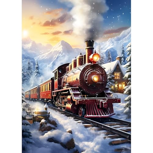 DPHERO DIY Oldtimerzug Diamant Painting Kits Bilder für Erwachsene Anfänger,5D Dampfzug Diamond Painting Set,DIY Runde Steine Snowy Scene Diamant Kunst Kits, Diamond Art für Zuhause Dekor 30x40 cm von DPHERO