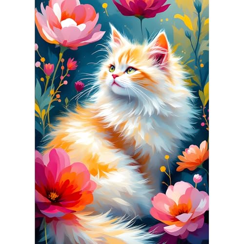DPHERO DIY Orangefarbene Katze Diamant Painting Kits Bilder für Erwachsene Anfänger,5D Wildblumen Diamond Painting Set,DIY Runde Steine Katze Diamant Kunst Kits, Diamond Art für Zuhause Dekor 30x40 cm von DPHERO
