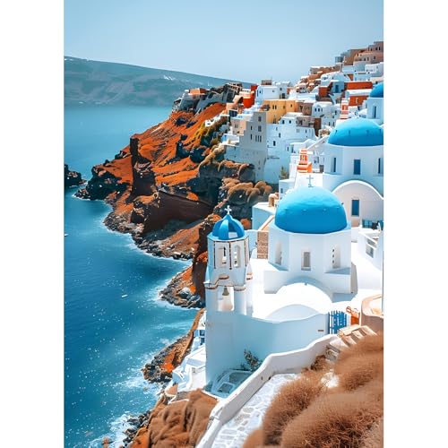 DPHERO DIY Santorin Diamant Painting Bilder für Erwachsene Anfänger,5D Kirche Diamond Painting Set,DIY Küstenlinie Runde Steine Diamant Kunst Kits, Diamant Art für Zuhause Dekor 30x40 cm von DPHERO
