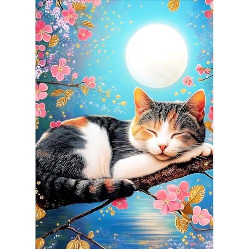 DPHERO DIY Schlafende Katze Diamant Painting Kits Bilder für Erwachsene Anfänger,5D Mond Diamond Painting Set,DIY Runde Steine Blumen Diamant Kunst Kits, Diamant Art für Zuhause Dekor 30x40 cm von DPHERO