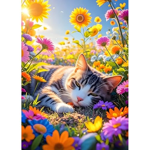 DPHERO DIY Schlafende Katze Diamant Painting Kits Bilder für Erwachsene Anfänger,5D Sonnenschein Diamond Painting Set,DIY Runde Steine Blumen Diamant Kunst Kits, Diamond Art für Zuhause Dekor 30x40 cm von DPHERO