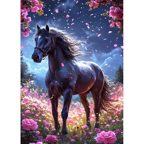 DPHERO DIY Schwarzes Pferd Diamant Painting Bilder für Erwachsene Anfänger,5D Blumen Diamond Painting Set,DIY Traumland Runde Steine Diamant Kunst Kits, Diamant Art für Zuhause Dekor 30x40 cm von DPHERO