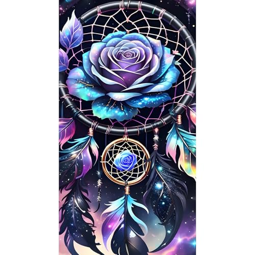 DPHERO DIY Traumfänger Diamant Painting Kits Bilder für Erwachsene Anfänger,5D Blaue Rose Diamond Painting Set,DIY Runde Steine Federn Diamant Kunst Kits, Diamond Art für Zuhause Dekor 40x70 cm von DPHERO