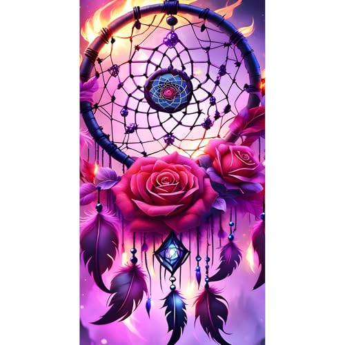 DPHERO DIY Traumfänger Diamant Painting Kits Bilder für Erwachsene Anfänger,5D Rot Rose Diamond Painting Set,DIY Runde Steine Federn Diamant Kunst Kits, Diamond Art für Zuhause Dekor 40x70 cm von DPHERO
