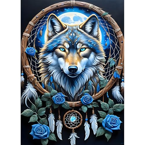 DPHERO DIY Traumfänger Diamant Painting Kits Bilder für Erwachsene Anfänger,5D Wolf Diamond Painting Set,DIY Blaue Rose Runde Steine Diamant Kunst Kits, Diamant Art für Zuhause Dekor 30x40 cm von DPHERO