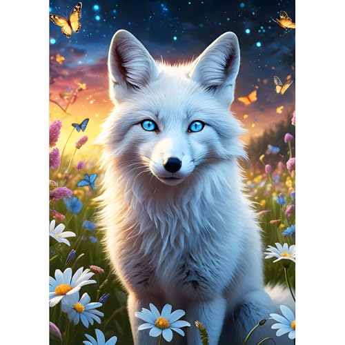 DPHERO DIY Weißer Fuchs Diamant Painting Kits Bilder für Erwachsene Anfänger,5D Wildblumen Diamond Painting Set,DIY Runde Steine Traumland Diamant Kunst Kits,Fox Diamond Art für Zuhause Dekor 30x40 cm von DPHERO