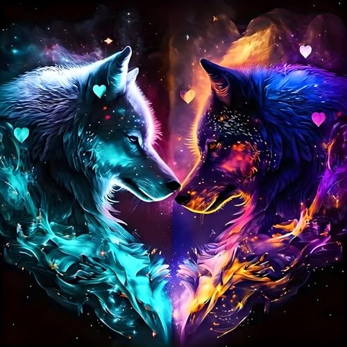 DPHERO DIY Zwei Wölfe Diamant Painting Kits Bilder für Erwachsene Anfänger,5D Fantasie Diamond Painting Set,DIY Runde Steine Eis und Feuer Diamant Kunst Kits, Diamant Art für Zuhause Dekor 30x30 cm von DPHERO