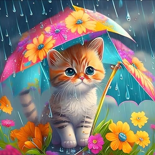 DPHERO Katze Diamant Painting Bilder für Erwachsene Kinder,5D Kätzchen Diamond Painting Set,DIY Strass Bilder Regenschirm Diamant Kunst Kits,Runde Steine Diamant Painting für Zuhause Dekor 30x30 cm von DPHERO