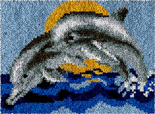 DPKHDS Glücklicher Delphin Knüpfteppich Wandteppich, Diy Farbig Bedruckte Handgefertigte Sticksets, Für Heimdekoration, Geschenk, 52 X 38 Cm von DPKHDS