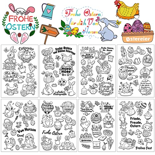 DPKOW 105pcs Deutschen Ostern Klare Stempel, Frohe Ostern Silikonstempel für DIY Karte Scrapbooking Basteln, Hase Ostereier Karotte Huhn Küken Blume Ziege Kreuz Pfeil Vogel Häschen Von Herzen Dank von DPKOW