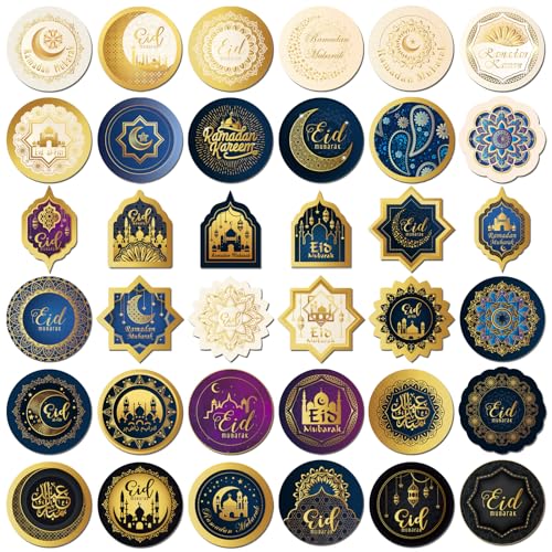 DPKOW 144St Ramadan Eid Mubarak Aufkleber, Eid Ramadan Etiketten Stickers für Geschenktüten Boxen, Etiketten Aufkleber für Eid Ramadan Umschlag Verpackung Deko, Selbstklebend, Verschiedene Formen von DPKOW