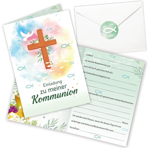 DPKOW 16 Kommunion Einladungskarten mit Umschläge Aufklebern, Einladung zur Feier der Erstkommunion für Mädchen Jungen Erstkommunion Einladungskarten 1.Heilige Kommunion, Kreuz Fisch grün von DPKOW