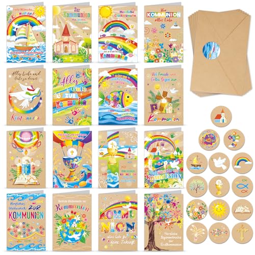 DPKOW 16 Kommunionkarten mit Umschlägen Aufklebern, Kraftpapier Kommunion Karte Junge Mädchen Erstkommunion Karte, Kommunion Glückwunschkarte Erstkommunion Kommunionskarten Set Klappkarten von DPKOW