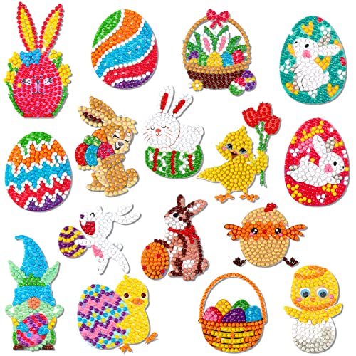 DPKOW 16pcs Ostern 5D Diamond Painting Zubehor für Kinder Ostern Basteln Kunsthandwerk, Rhinestone Mosaik Klebebilder Ostern DIY Full Drill Diamant Malerei, Osterei Hase Kaninchen Küken Zwerg von DPKOW