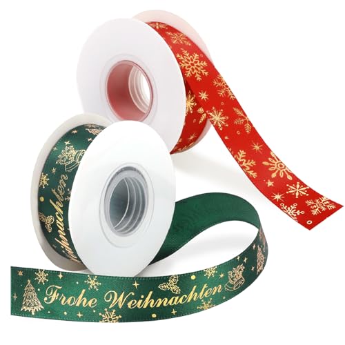 DPKOW 18.3m Deutsch Geschenkband Weihnachten Schleifenband Rot Grün Weihnachtsband für Weihnachtsbaum Deko Weihnachtsschleifen, Glitzer Satinband Geschenk Deko Weihnachten, 2 Rollen (9.14m/Rollen) von DPKOW