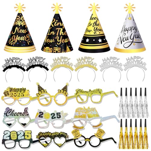 DPKOW Silvester Deko 2024 Party Set Partyhüte Silvester Haarreif Partybrille Silvester Tiara Fransenbläser Für Silvester Party Hits Silvester Outfit Damen Männer Silvester Foto Requisiten von DPKOW