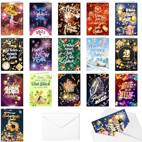 DPKOW 2025 Neujahrskarten mit Umschlag, 16 x Glücksbringer Silvester Karten set Grußkarten Frohes neues Jahr Klappkarten Blanko, Prosit Neujahr 2025 Karte Guten Rutsch Viel Glück Neujahr Postkarten DPKOW 2025 Neujahrskarten mit Umschlag, 16 x Glücksbringer Silvester Karten set Grußkarten Frohes neues Jahr Klappkarten Blanko, Prosit Neujahr 2025 Karte Guten Rutsch Viel Glück Neujahr Postkarten von DPKOW