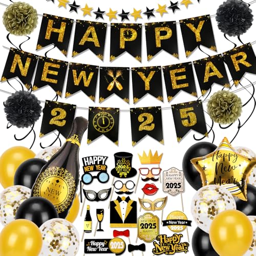 DPKOW Silvester Deko 2025, Neujahr Deko 2025 Happy New Year Girlande & 20 Luftballons Schwarz Gold Silvester Ballons & Wirbel & Pompoms & Silvester Foto Requisiten für Deko Silvester Party 2025 DPKOW Silvester Deko 2025, Neujahr Deko 2025 Happy New Year Girlande & 20 Luftballons Schwarz Gold Silvester Ballons & Wirbel & Pompoms & Silvester Foto Requisiten für Deko Silvester Party 2025 von DPKOW