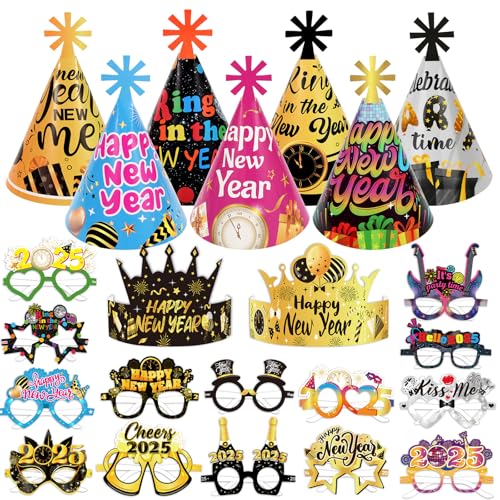 DPKOW 23Stk Mehrfarbig 2025 Silvester Papier Brillen Hüte, Neujahr Partybrillen Kegel Kronen Hüte für 2025 Silvester Foto Requisiten Accessoires, 2025 Neujahr Partyhüte Kopfbedeckung DPKOW 23Stk Mehrfarbig 2025 Silvester Papier Brillen Hüte, Neujahr Partybrillen Kegel Kronen Hüte für 2025 Silvester Foto Requisiten Accessoires, 2025 Neujahr Partyhüte Kopfbedeckung von DPKOW