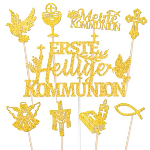 DPKOW 25 STK Glitzer Erste Heilige Kommunion Tortendeko für Mädchen Junge, Erstkommunion Tortenaufleger Meine Kommunion Tischdeko, Taube Engel Kreuz Fisch Cake Cupcake Toppers Kommunion Deko Kuchen von DPKOW