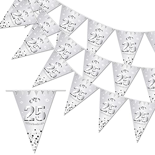 DPKOW 25. Silberhochzeit Girlande Banner, 25 Jubiläum Wimpelkette Silberhochzeit Deko 25. Hochzeitstag Wimpel Dreieck, 4.7m Drinnen Draußen Aufhängen Deko für Silberne Hochzeit Feier Zubehör von DPKOW