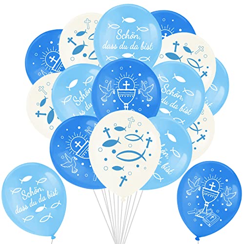 DPKOW 24pcs Blau Luftballons Kommunion Konfirmation Deko für Jungen, Schön DASS Du da Bist Latexballons für Jungen Erstkommunion Firmung Taufe Deko, mit Fische Taube Kelch Bibel Kreuz Muster von DPKOW